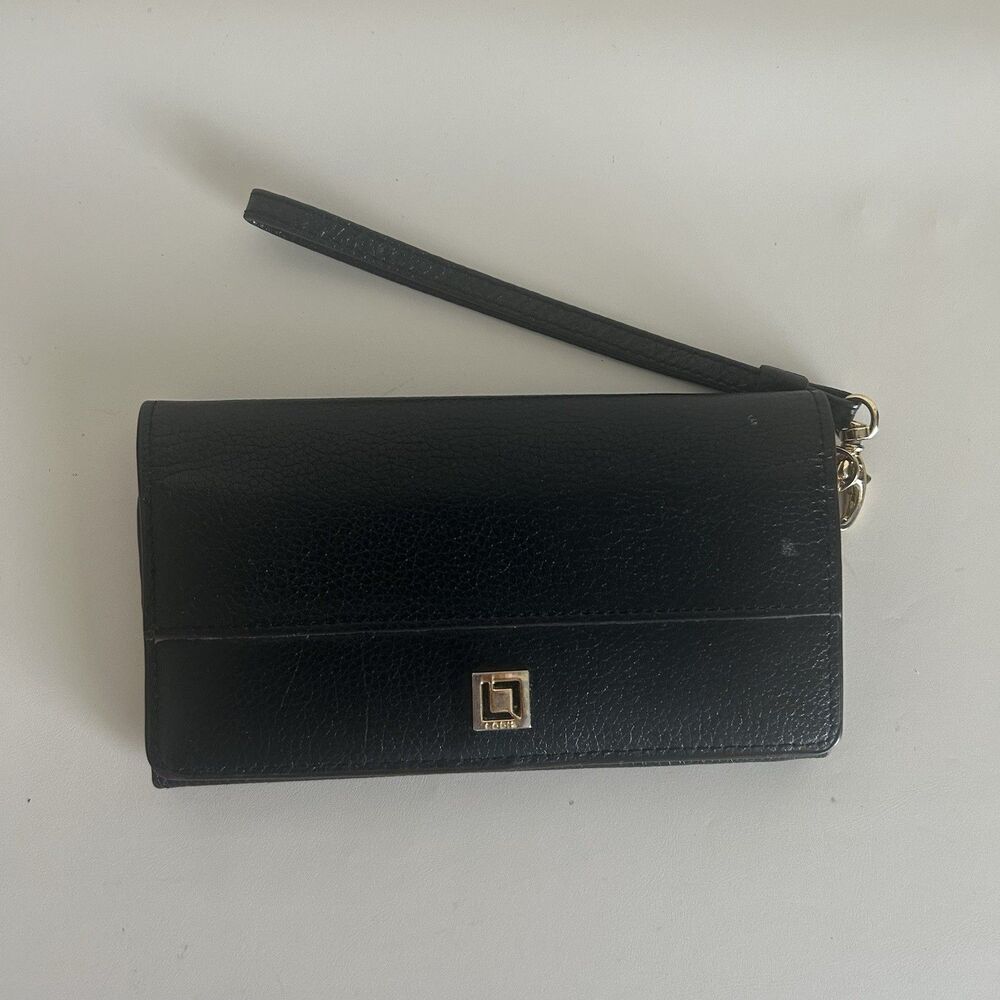 Lodis Black Pebbled Leather Wristlet Wallet Organizer Clutch Gold Tone Hardware.